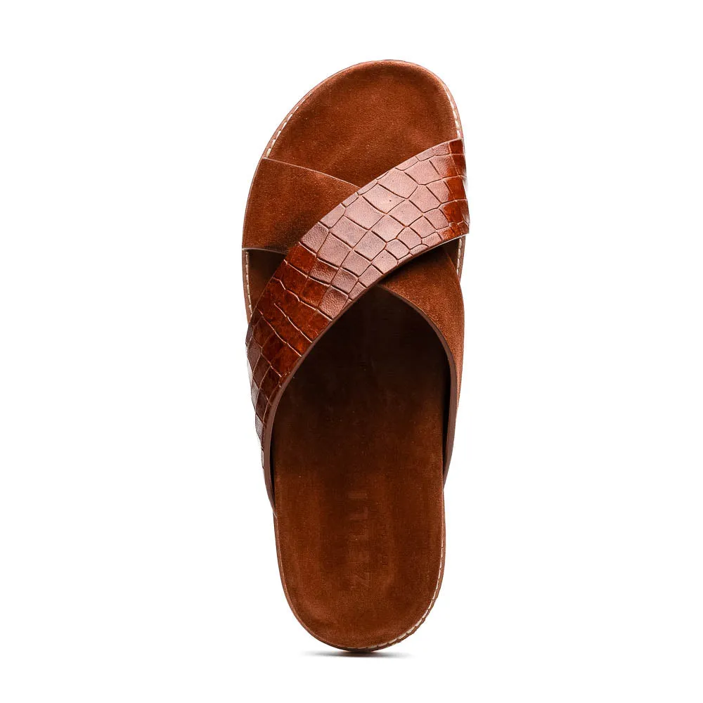 06-101-CGN RENA Italian Goatskin Suede Croc Embossed Slide Cognac