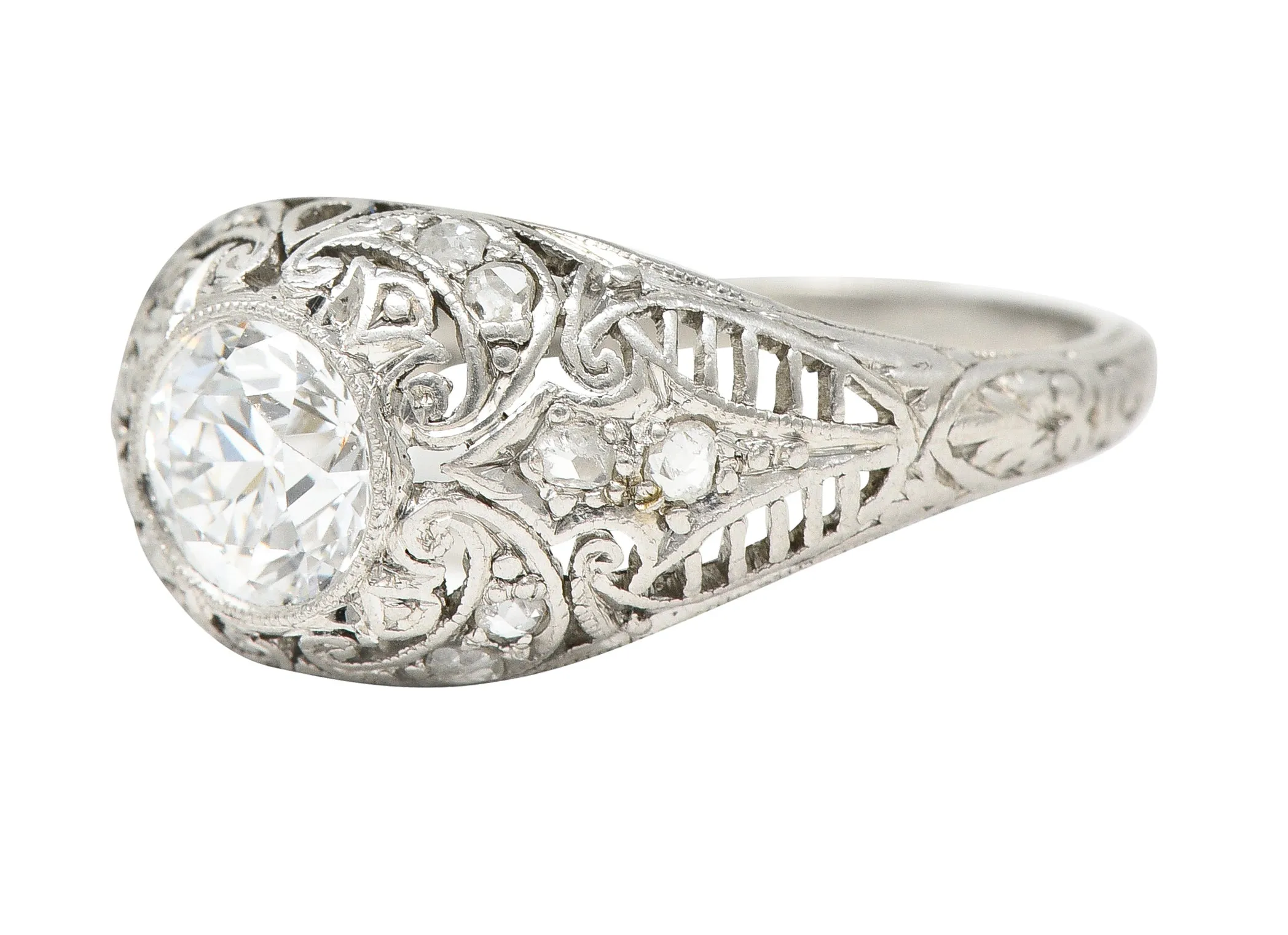 1910 Edwardian 0.81 CTW Old European Diamond Platinum Bombé Antique Engagement Ring GIA