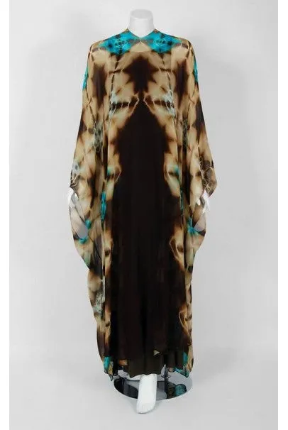 1972 Halston Couture Graphic Tie-Dye Print Silk Bohemian Maxi Dress Caftan