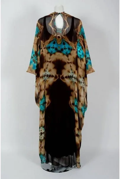 1972 Halston Couture Graphic Tie-Dye Print Silk Bohemian Maxi Dress Caftan