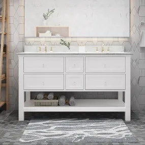 60" Wood Double Sink Bathroom Vanity with Marble Counter Top with Carrara White Marble - NH988703