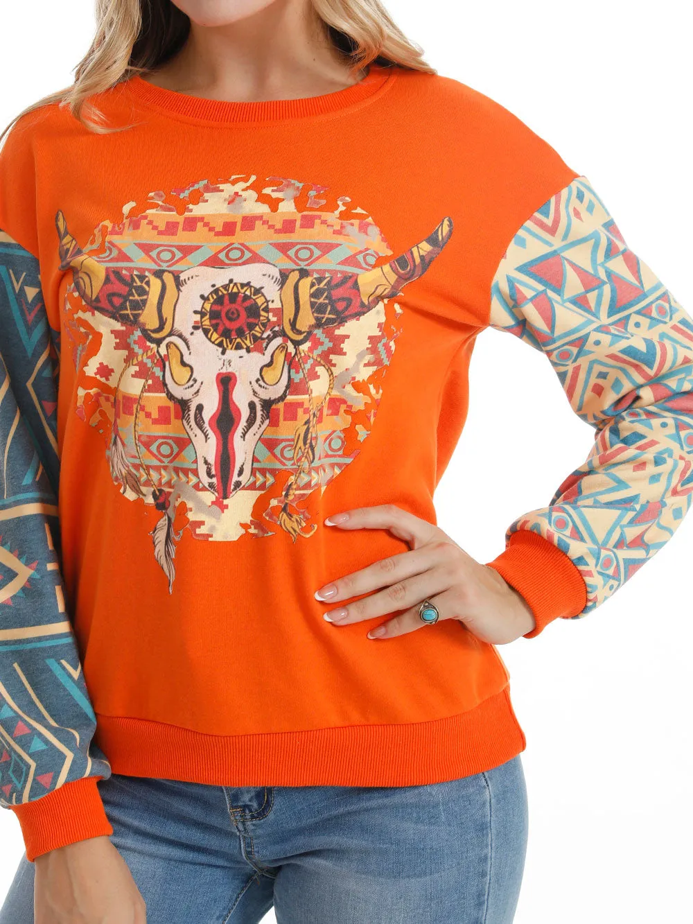 American Bling Women Vintage Bull Skull Aztec Style Sweatshirt AB-H2008 (Prepack 7 Pcs)