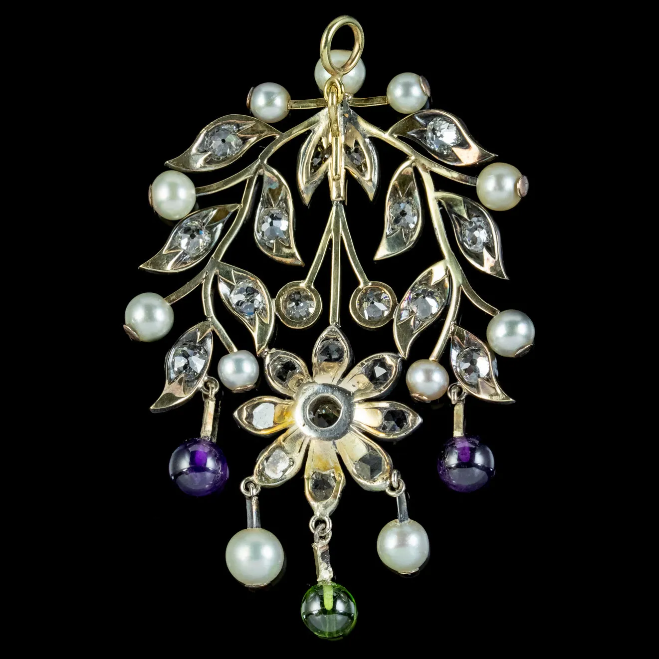 Antique Edwardian Suffragette Floral Pendant Amethyst Peridot Diamond Pearl Circa 1910