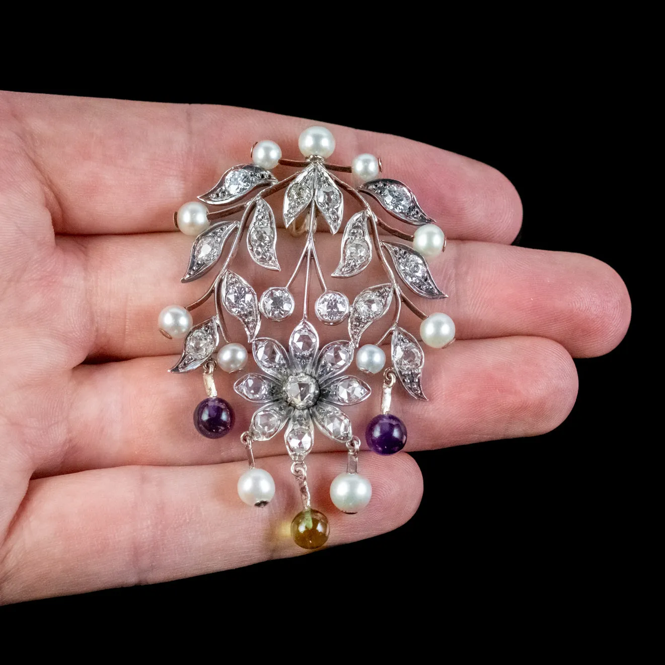 Antique Edwardian Suffragette Floral Pendant Amethyst Peridot Diamond Pearl Circa 1910