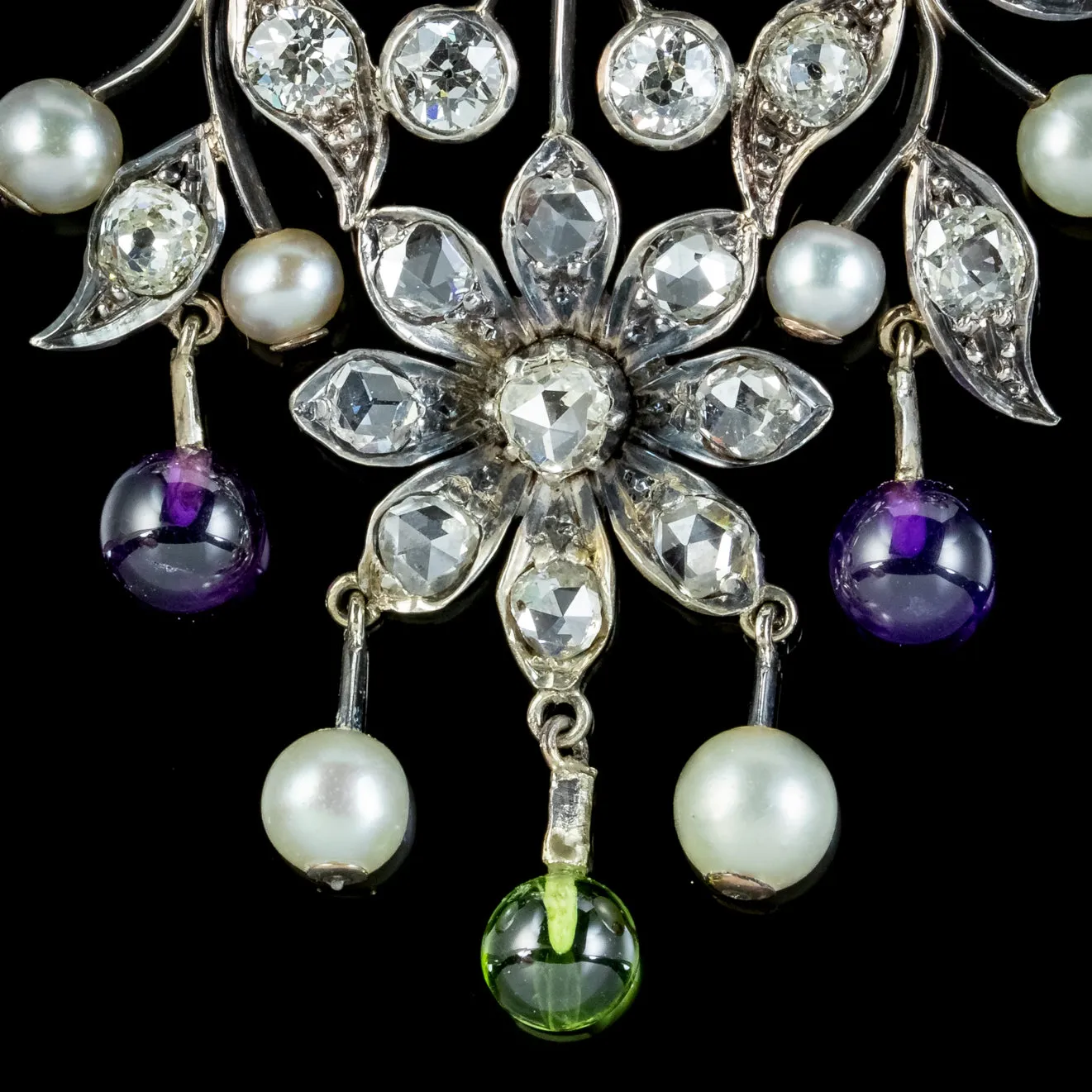 Antique Edwardian Suffragette Floral Pendant Amethyst Peridot Diamond Pearl Circa 1910