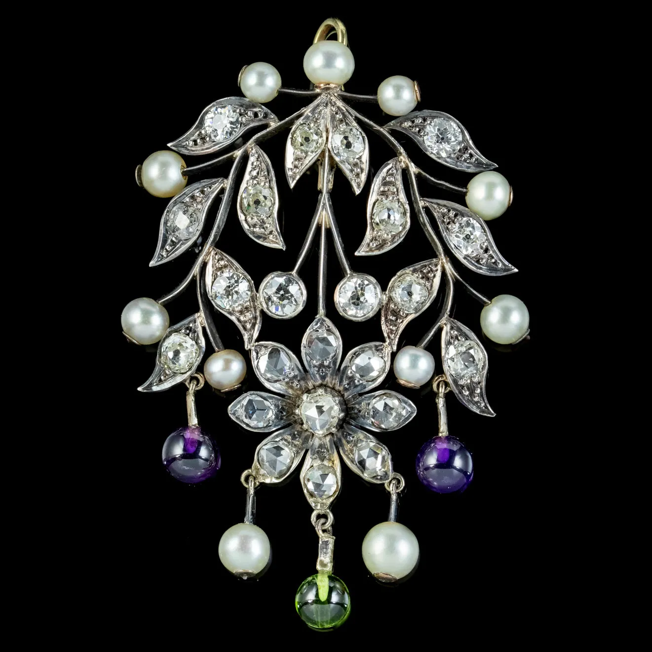 Antique Edwardian Suffragette Floral Pendant Amethyst Peridot Diamond Pearl Circa 1910