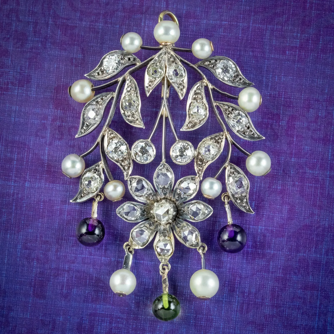 Antique Edwardian Suffragette Floral Pendant Amethyst Peridot Diamond Pearl Circa 1910