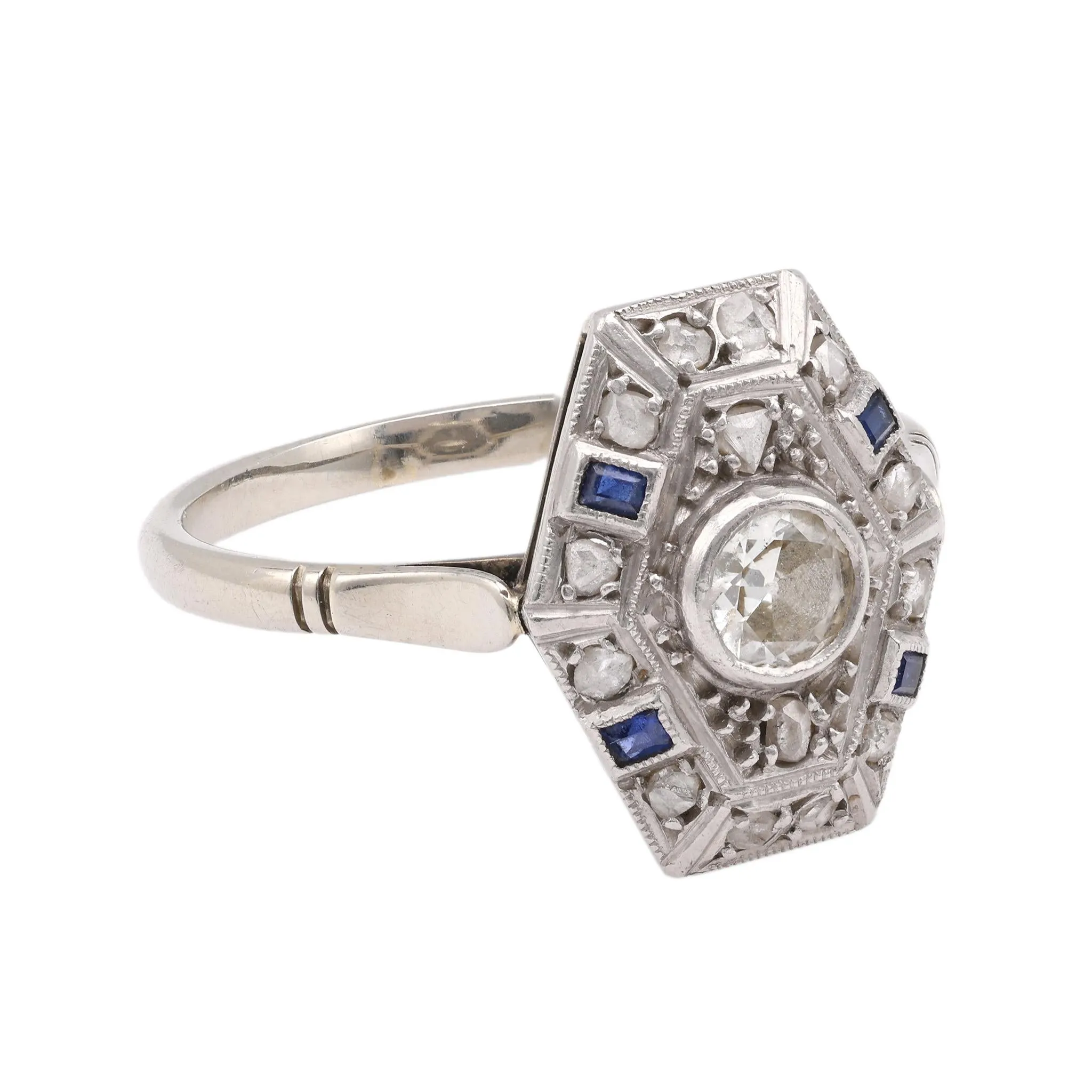 Art Deco Old European Cut Diamond Sapphire 18k White Gold Shield Ring