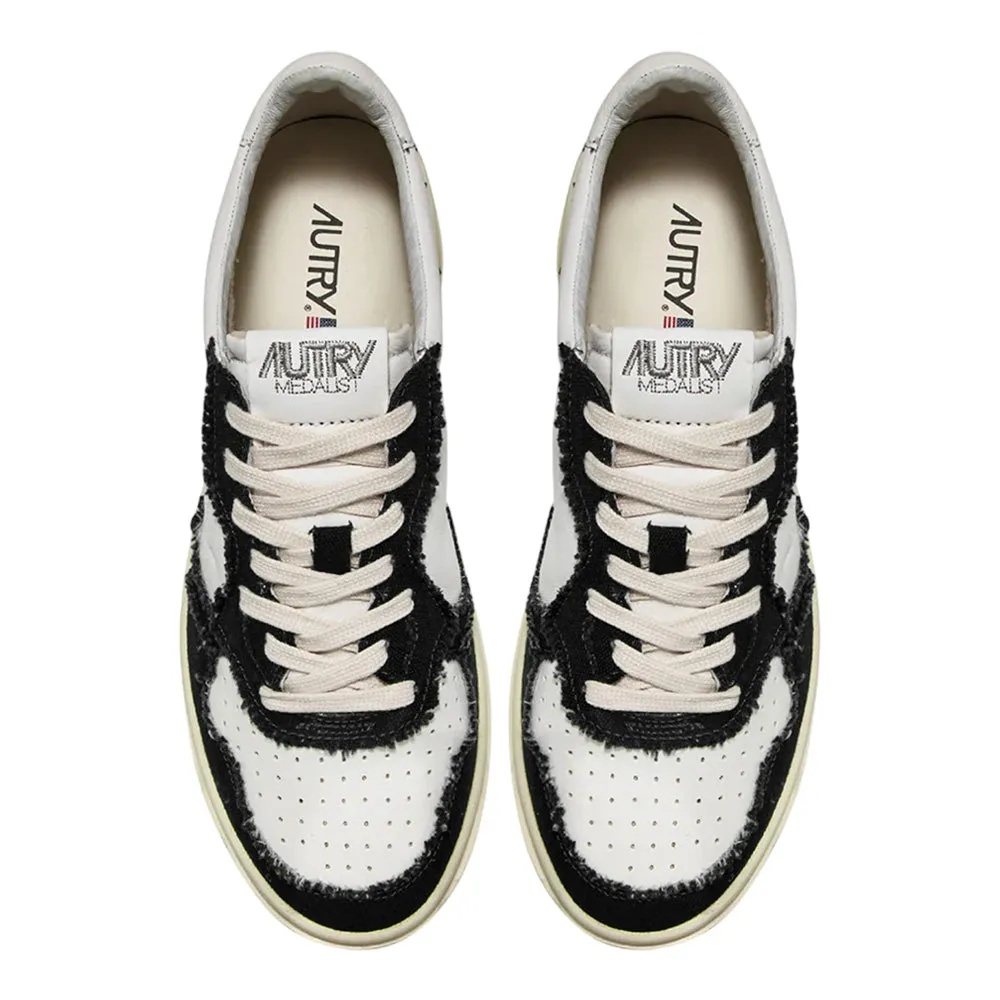 AUTRY UNISEX TWO-TONE MEDALIST LOW SNEAKERS IN SOFT GOATSKIN AND FRAYED CANVAS COLOR WHITE AND BLACK