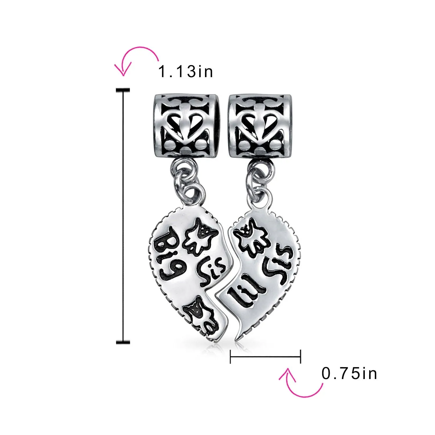 BFF Friend Puzzle 2PC Split Heart Dangle Bead Charm Sterling Silver