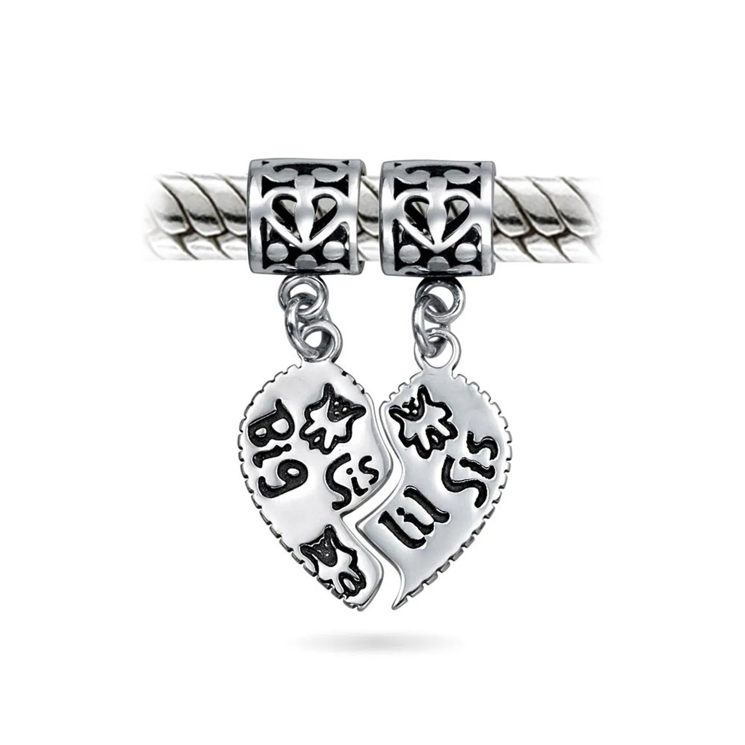 BFF Friend Puzzle 2PC Split Heart Dangle Bead Charm Sterling Silver