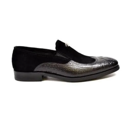 British Walkers Shiraz Crocs Men's Black Crocodile Leather and Suede Loafers