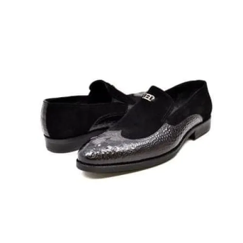 British Walkers Shiraz Crocs Men's Black Crocodile Leather and Suede Loafers