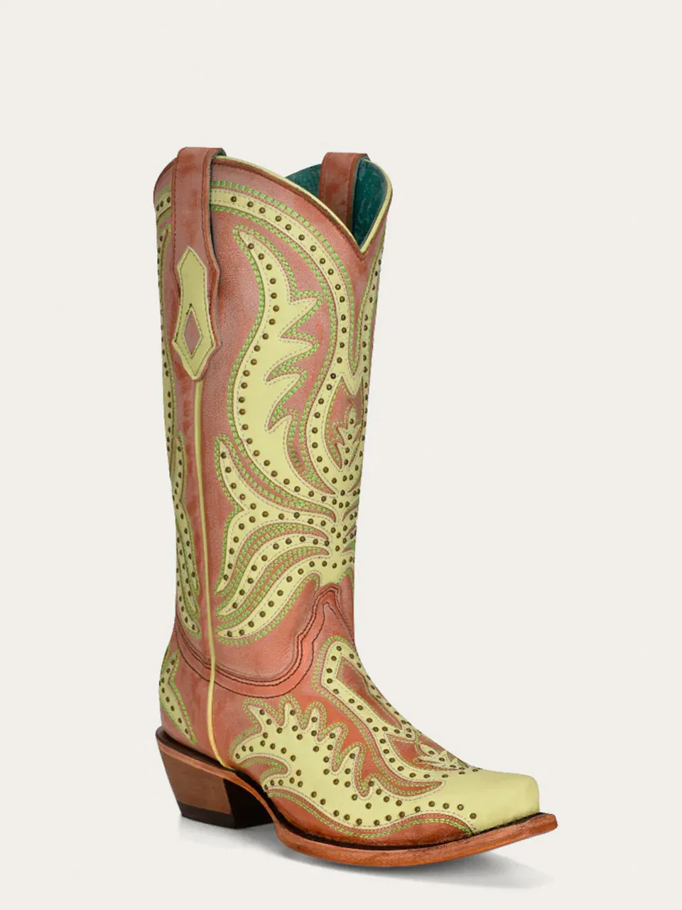 C3971 - WOMEN'S LIME GREEN FLUORESCENT EMBROIDERY AND STUDS SNIP TOE COWBOY BOOT