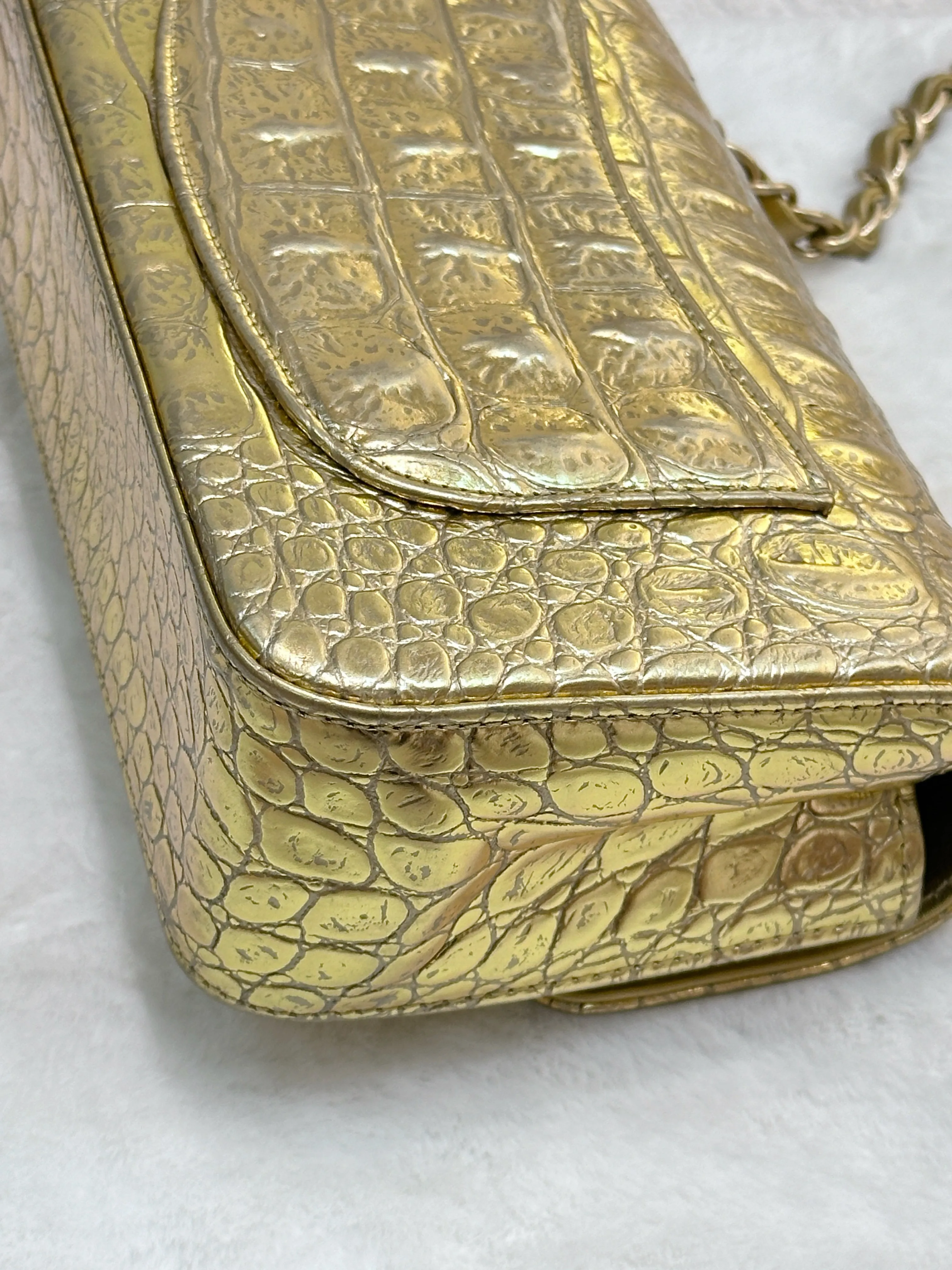 Chanel Gold Metallic Calfskin Crocodile Embossed Rectangular Mini Flap