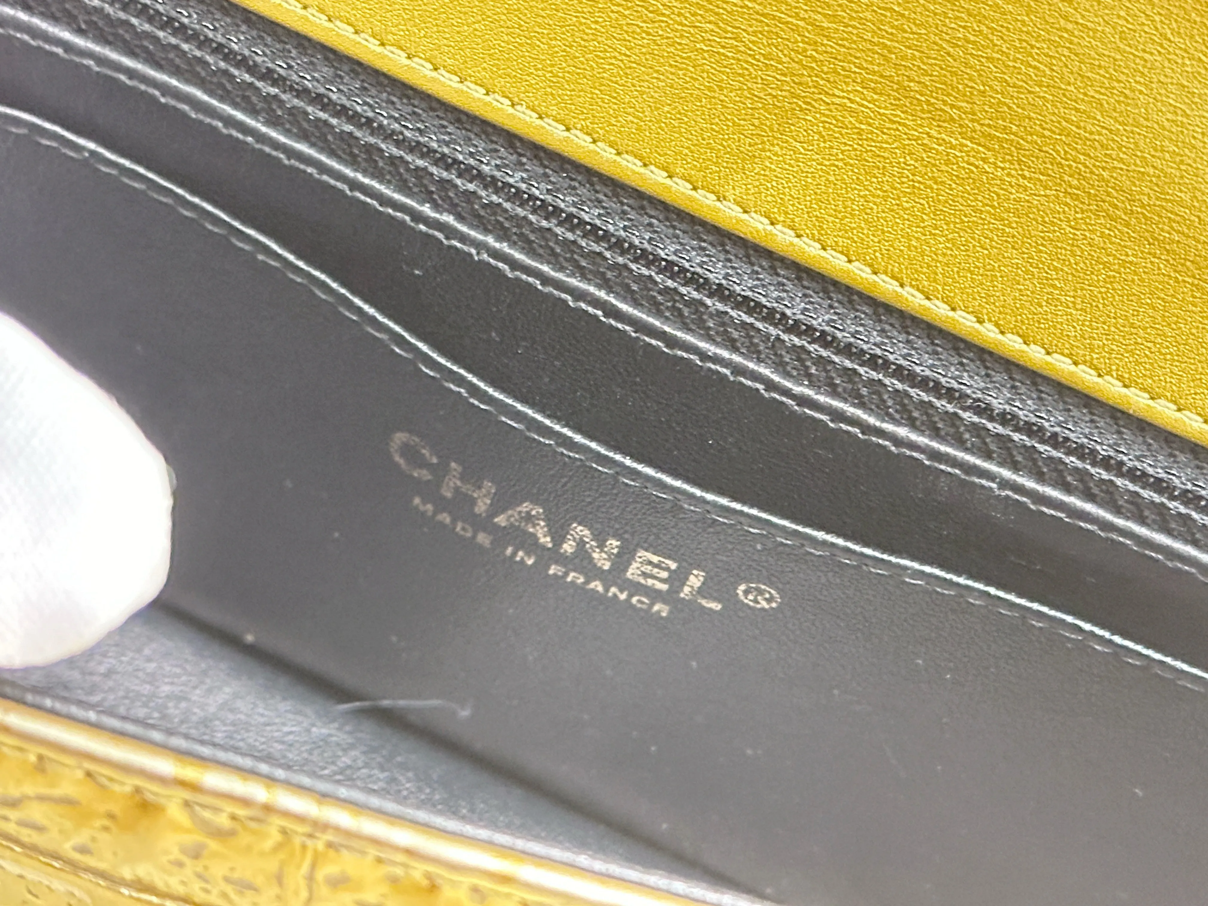 Chanel Gold Metallic Calfskin Crocodile Embossed Rectangular Mini Flap