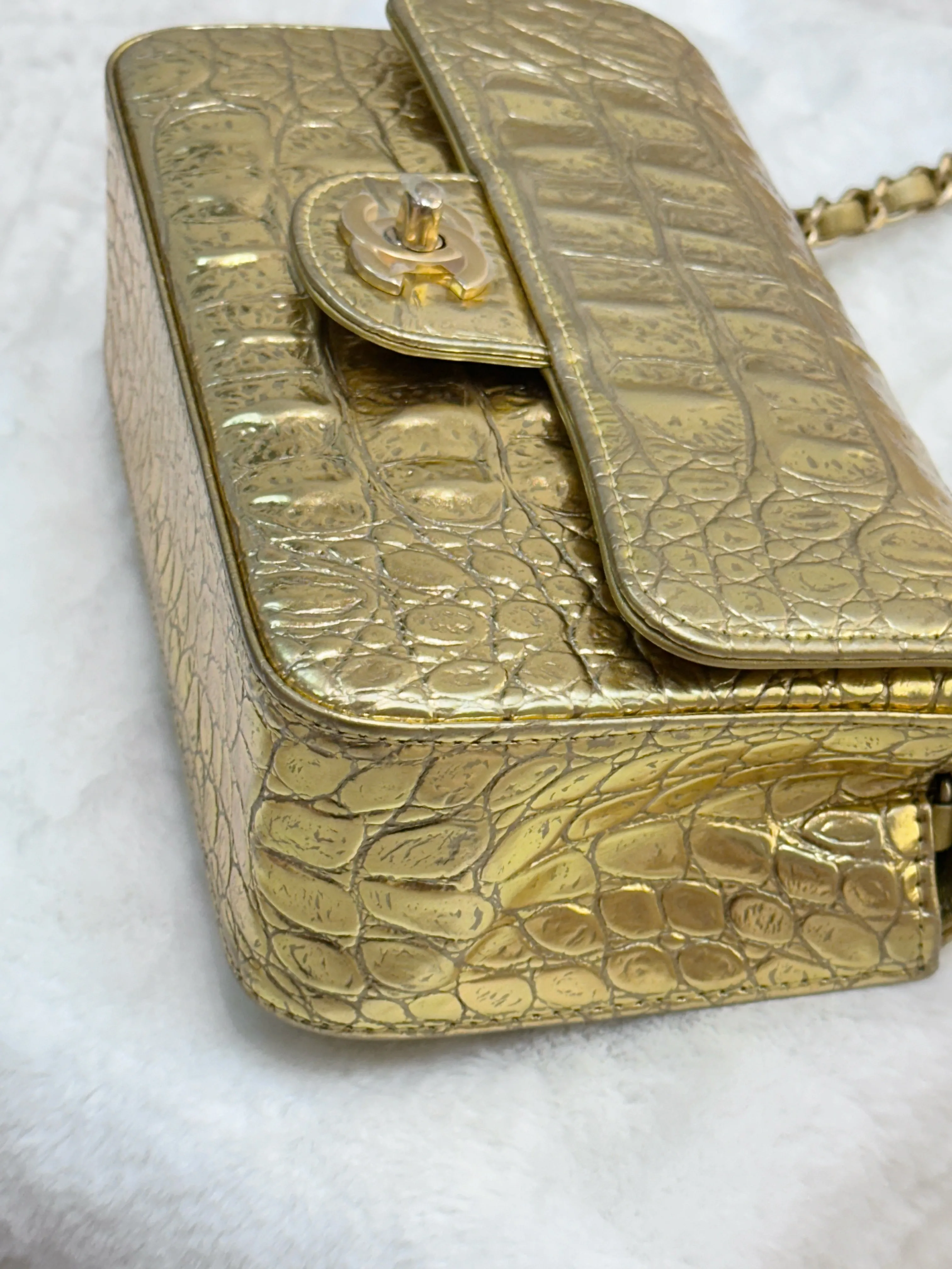 Chanel Gold Metallic Calfskin Crocodile Embossed Rectangular Mini Flap