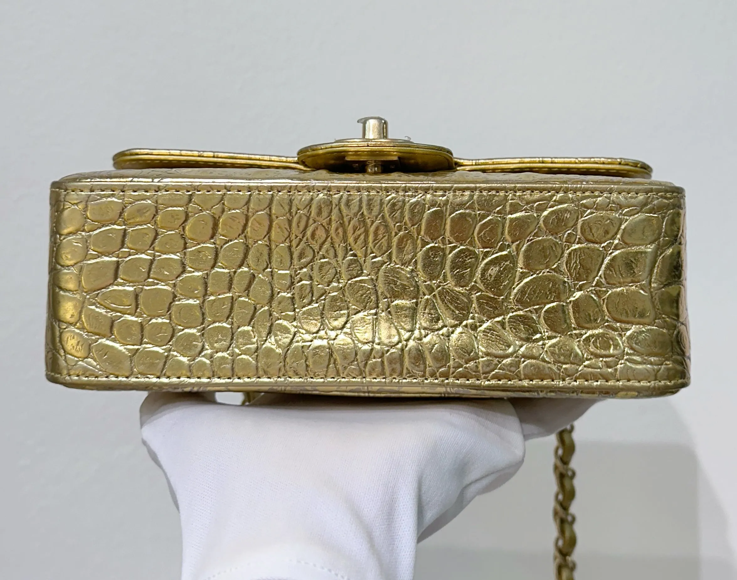 Chanel Gold Metallic Calfskin Crocodile Embossed Rectangular Mini Flap