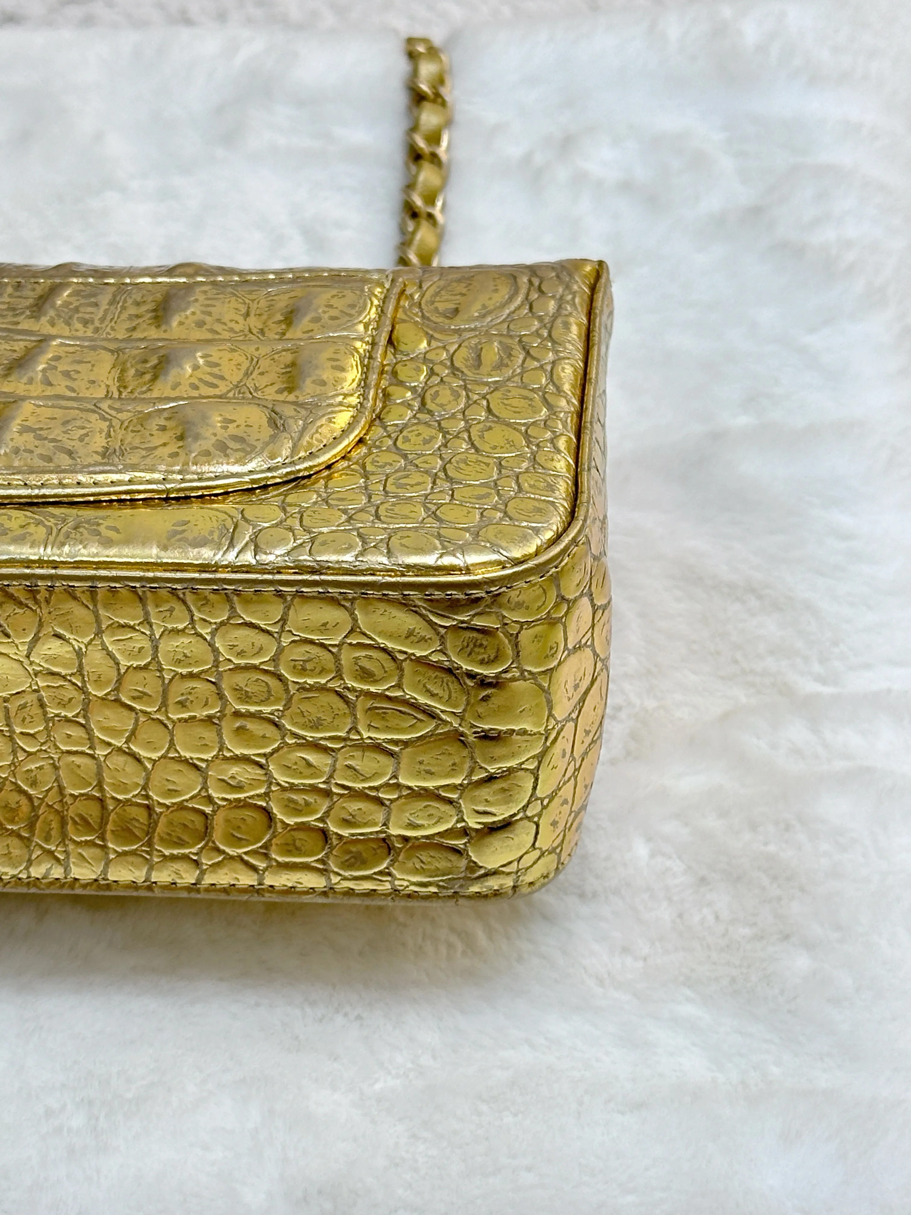 Chanel Gold Metallic Calfskin Crocodile Embossed Rectangular Mini Flap