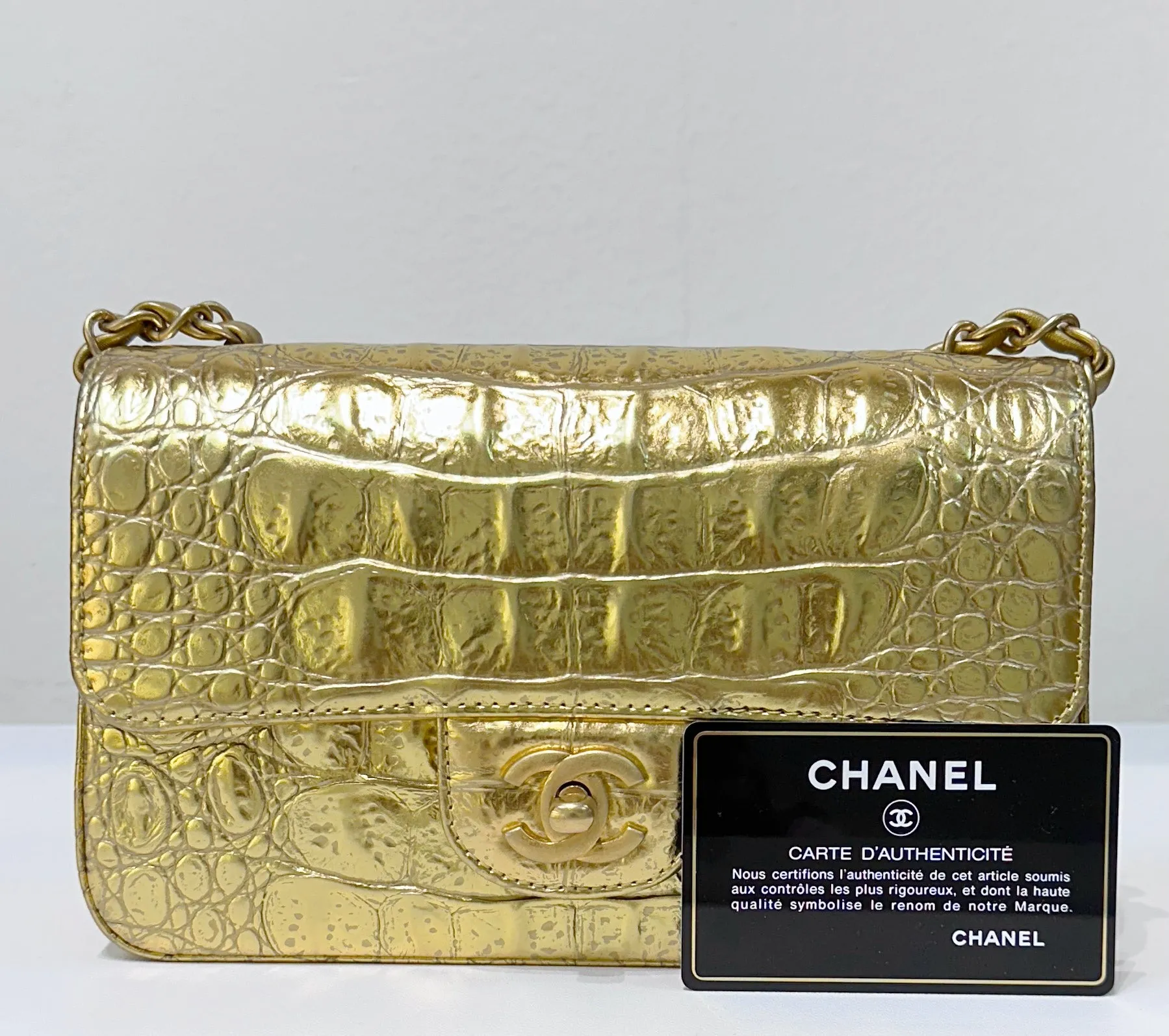 Chanel Mini Calfskin Crocodile Embossed Rectangular Gold Metallic Flap Bag