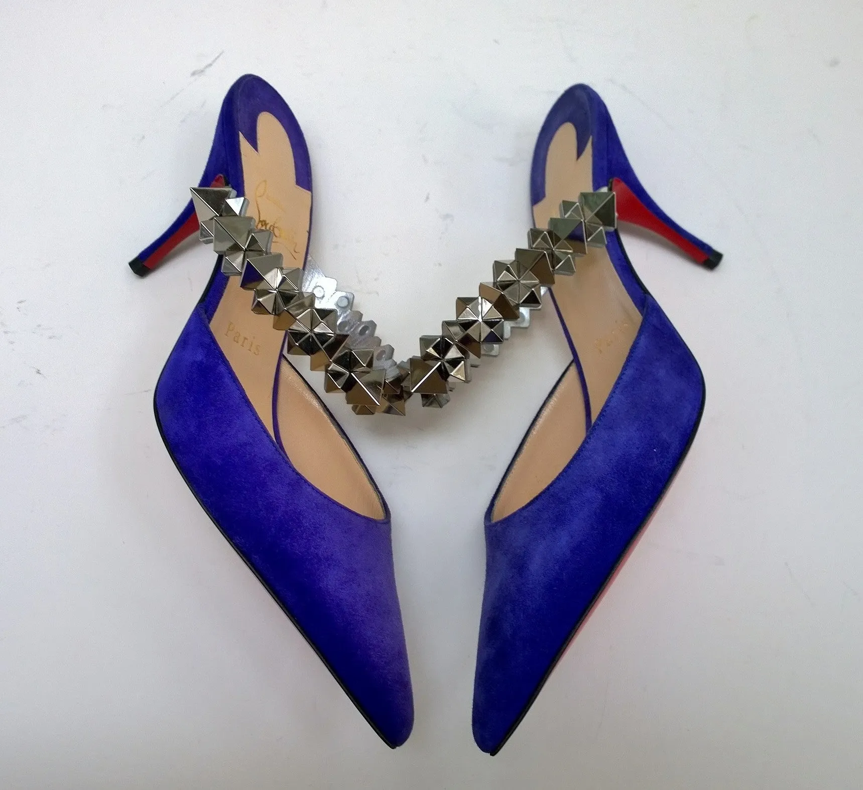 Christian Louboutin Planet Choc Violet Suede 85mm Heels with Silver Details Slide Shoes Spikes Mules