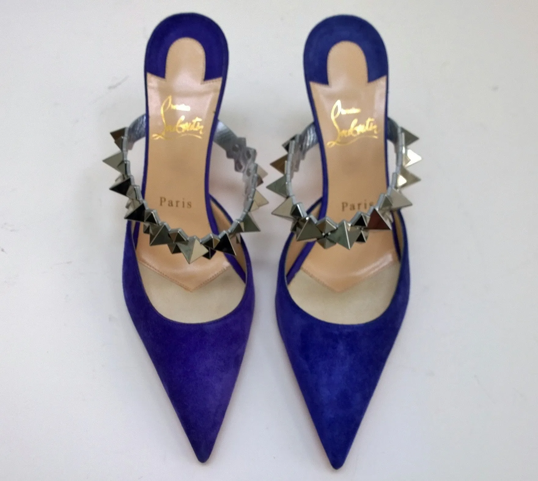 Christian Louboutin Planet Choc Violet Suede 85mm Heels with Silver Details Slide Shoes Spikes Mules