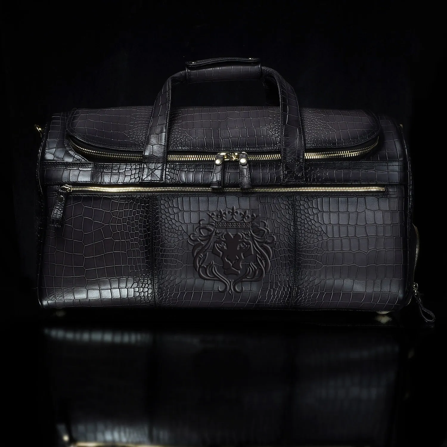 Croco Embossed Textured Grey Leather Duffle Bag