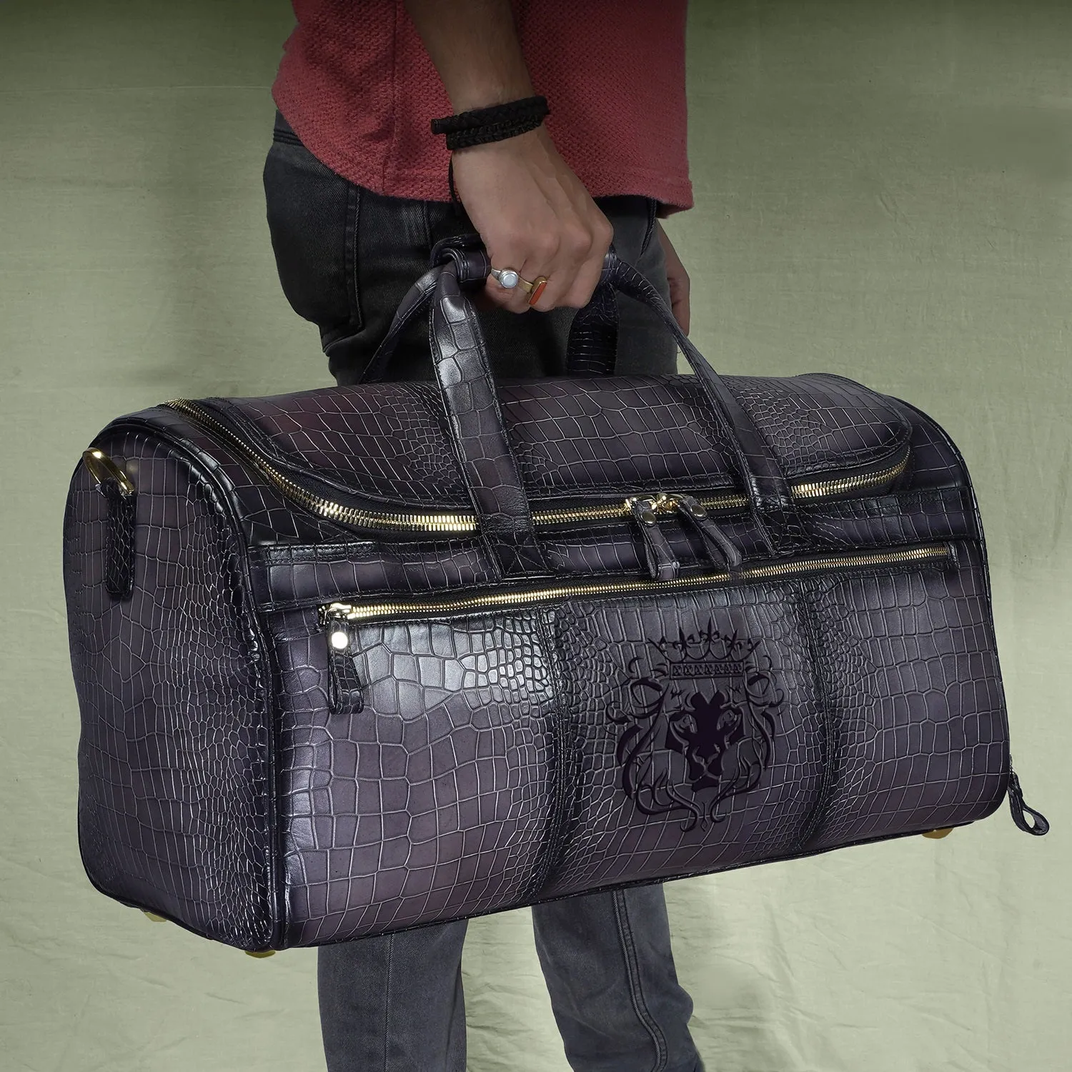 Croco Embossed Textured Grey Leather Duffle Bag