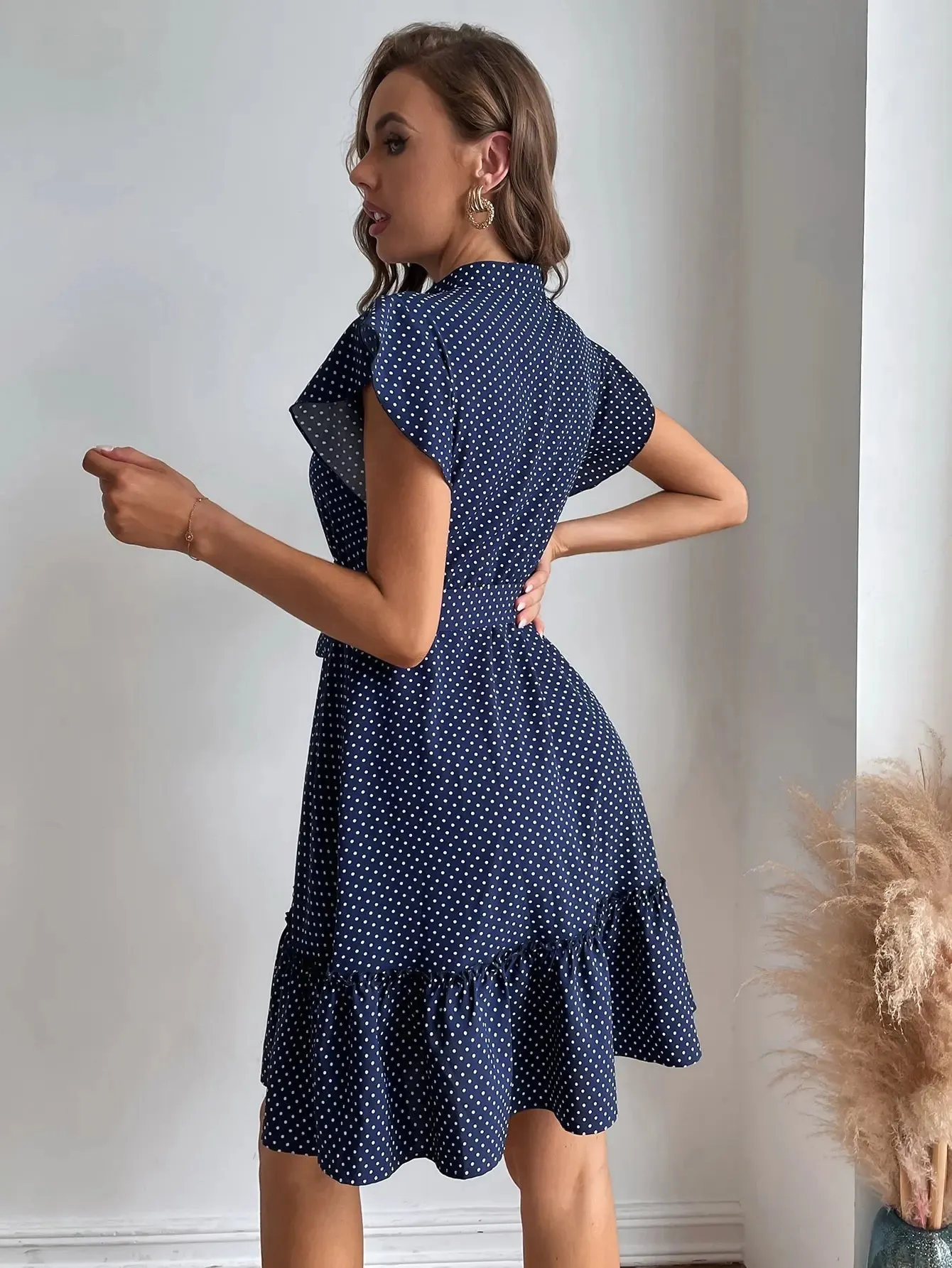 European American Polka Dot Printed Butterfly Sleeves Ruffled Edges Wide Pine Hem Waistband Midi Dresses