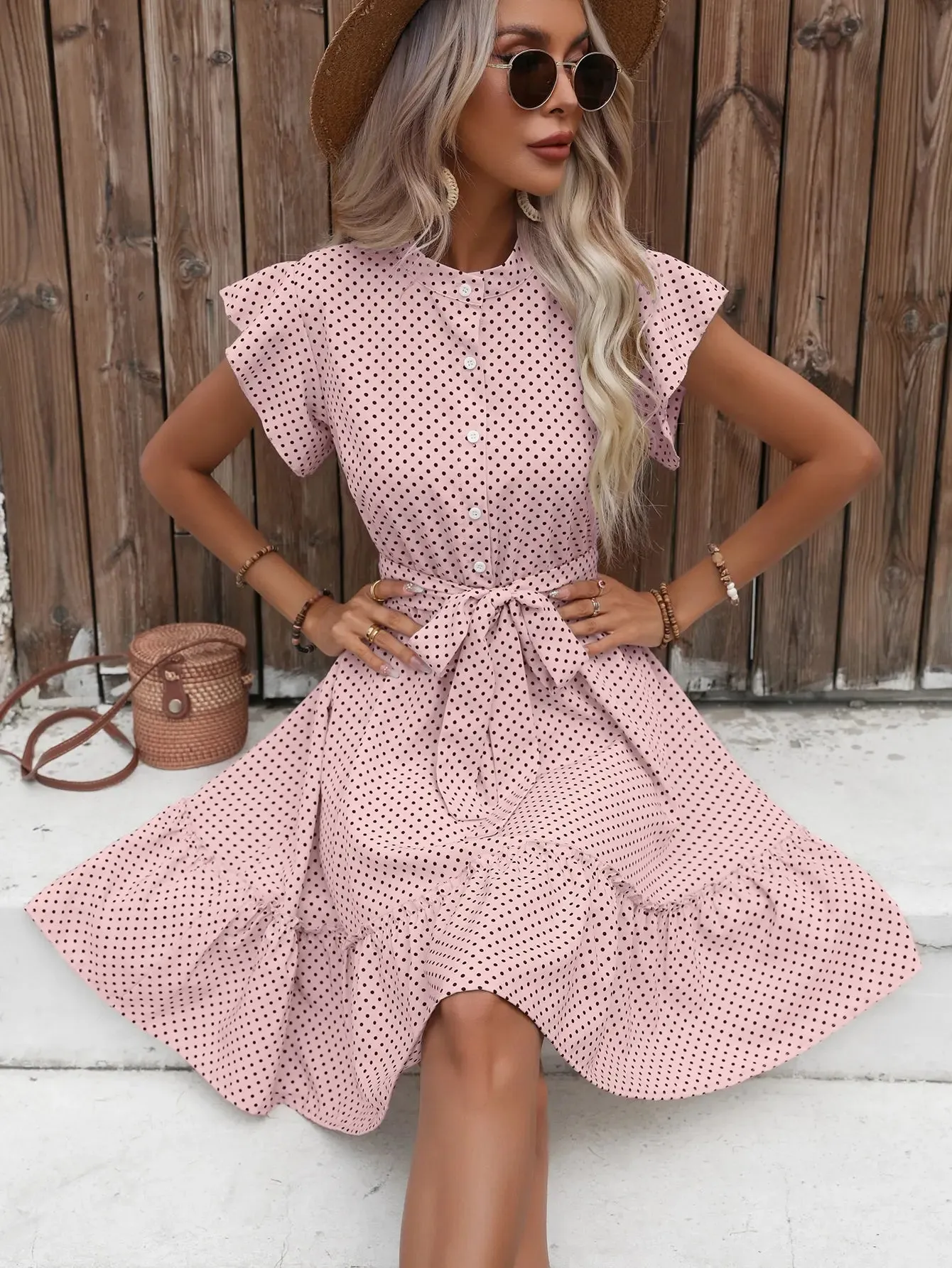 European American Polka Dot Printed Butterfly Sleeves Ruffled Edges Wide Pine Hem Waistband Midi Dresses