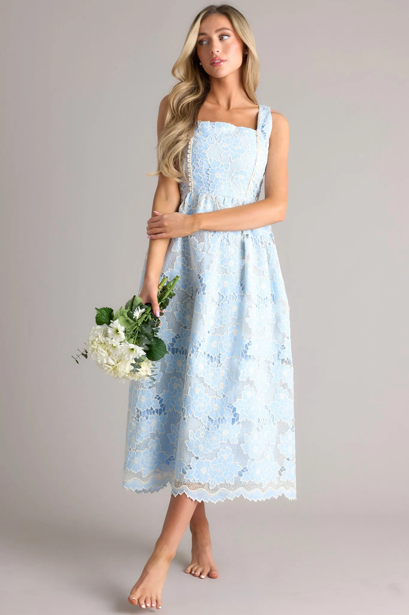 Fly A Kite Sky Blue Floral Embroidered Midi Dress