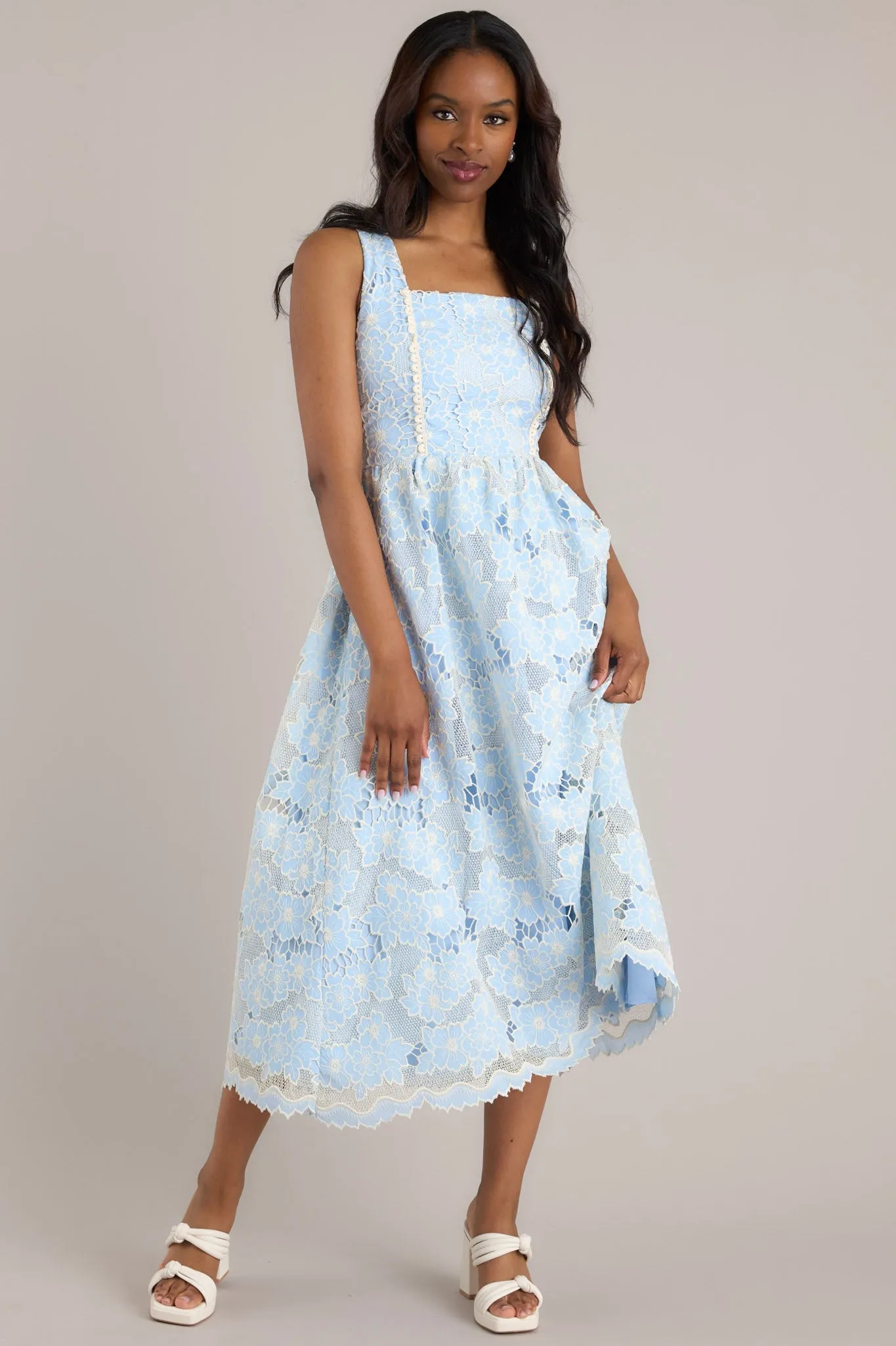 Fly A Kite Sky Blue Floral Embroidered Midi Dress