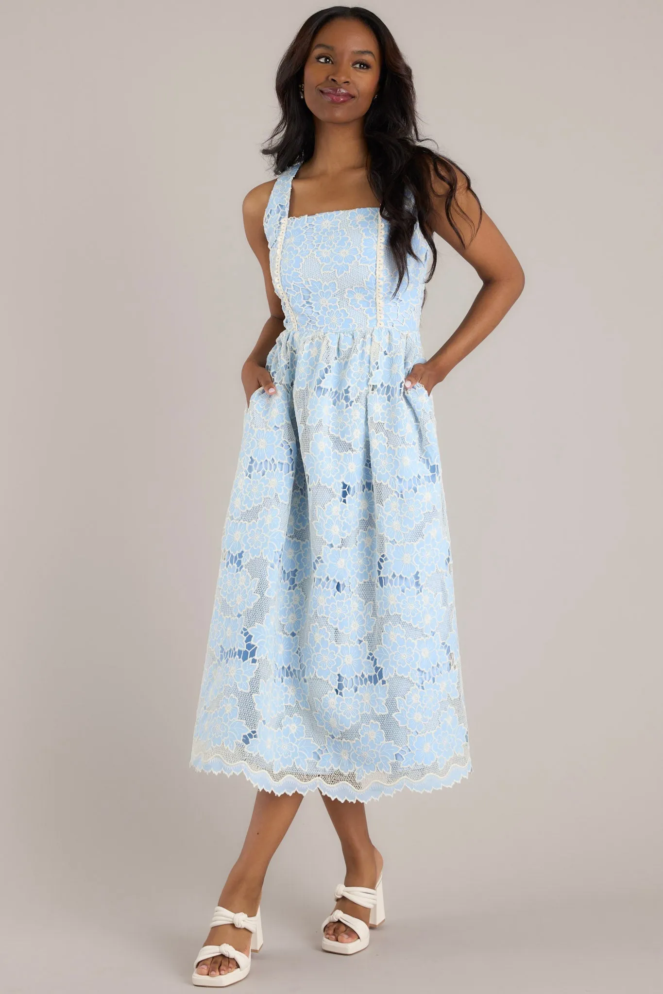 Fly A Kite Sky Blue Floral Embroidered Midi Dress