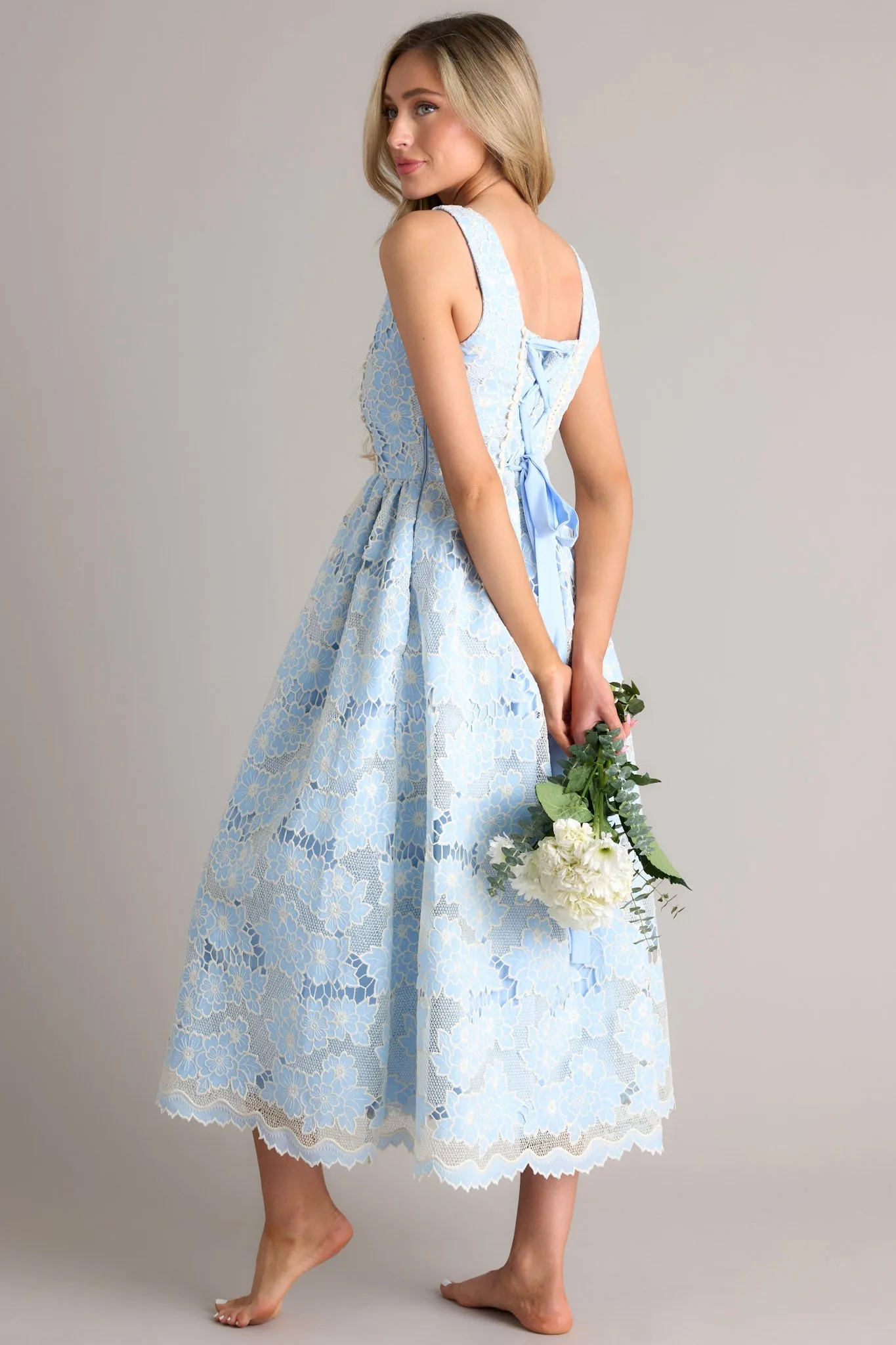 Fly A Kite Sky Blue Floral Embroidered Midi Dress