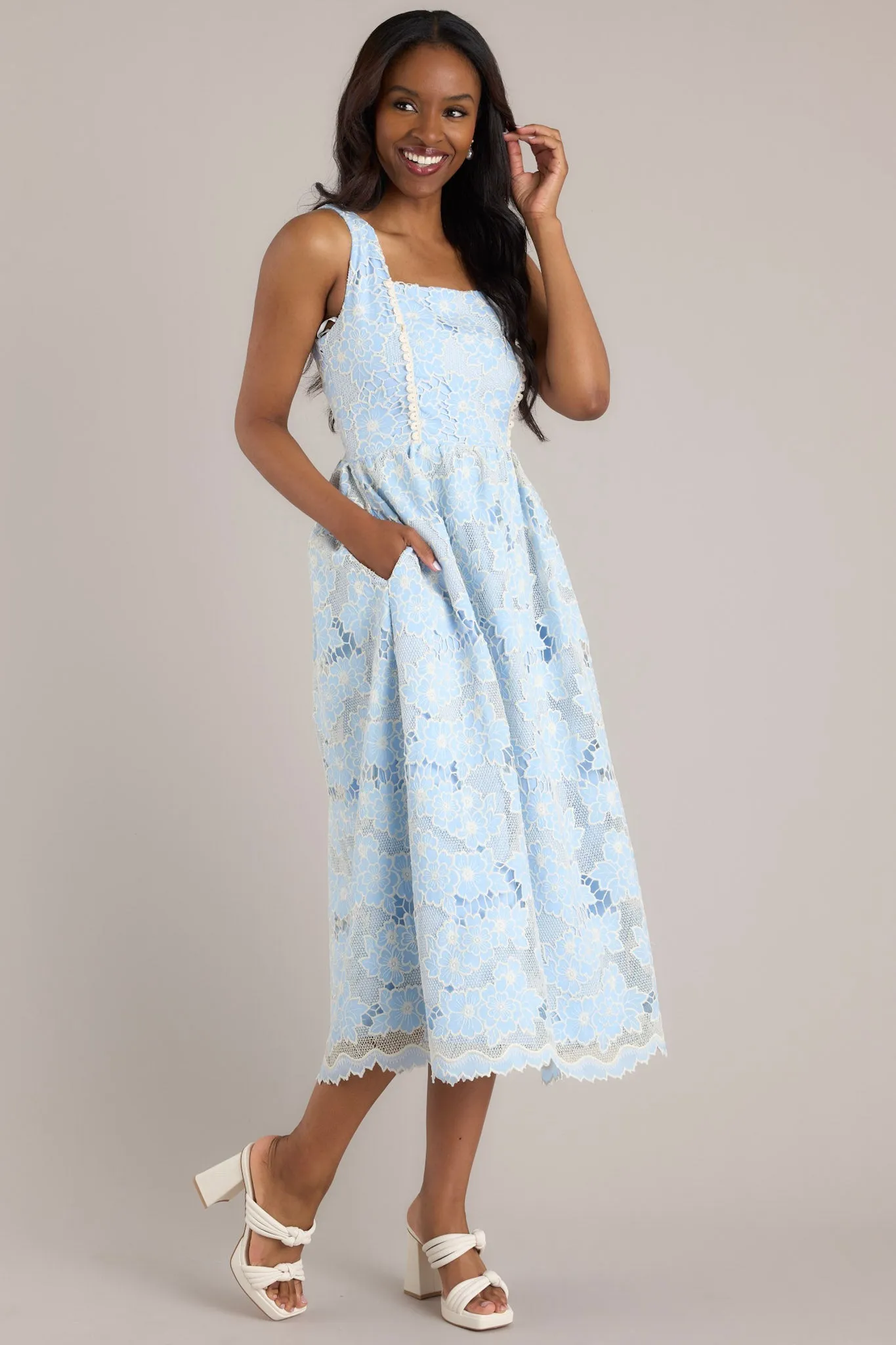 Fly A Kite Sky Blue Floral Embroidered Midi Dress