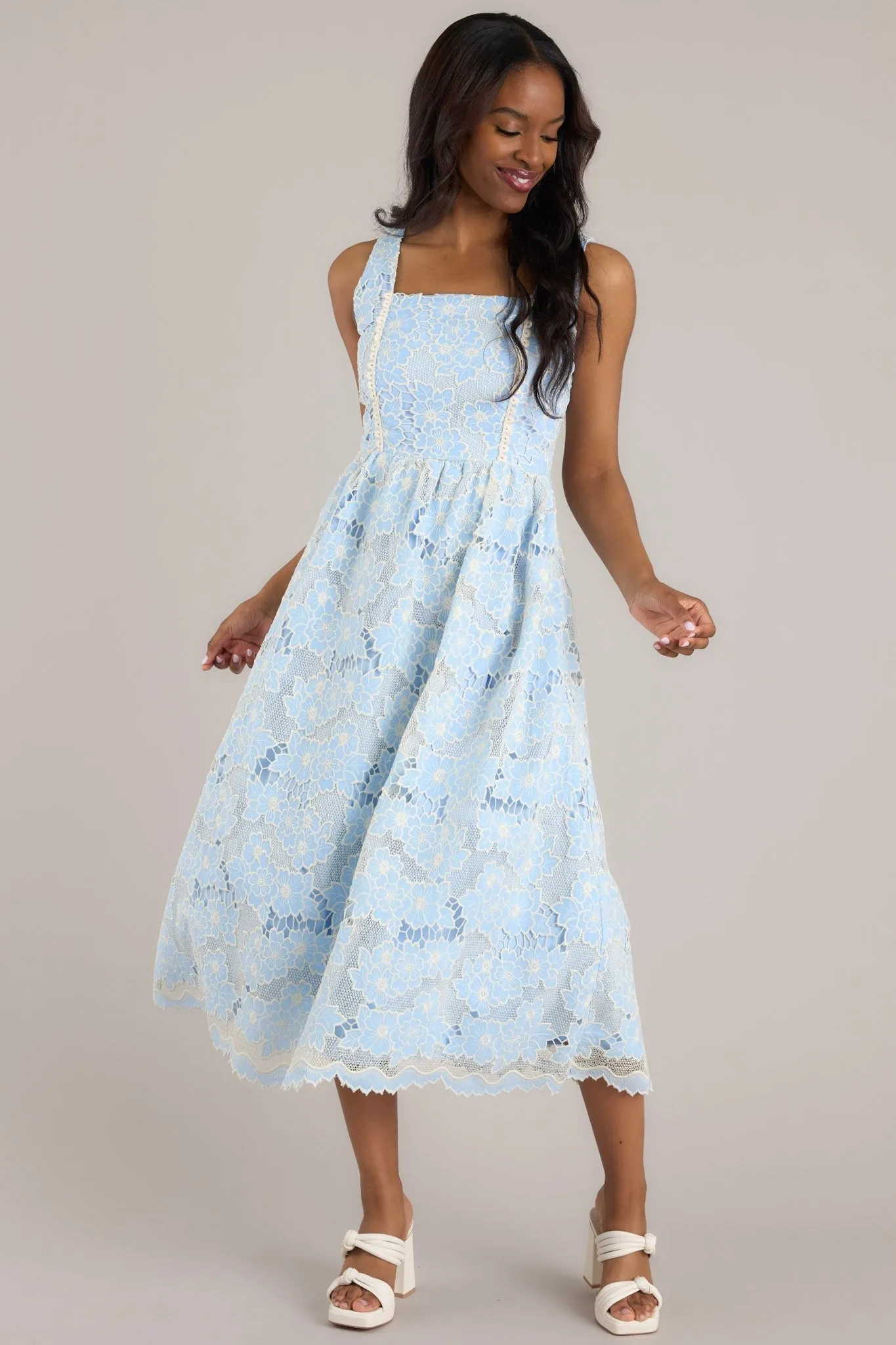 Fly A Kite Sky Blue Floral Embroidered Midi Dress