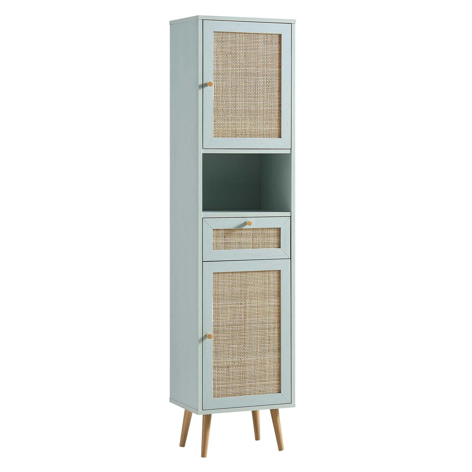 Frances Woven Rattan Tallboy Bathroom Unit, Mint Green