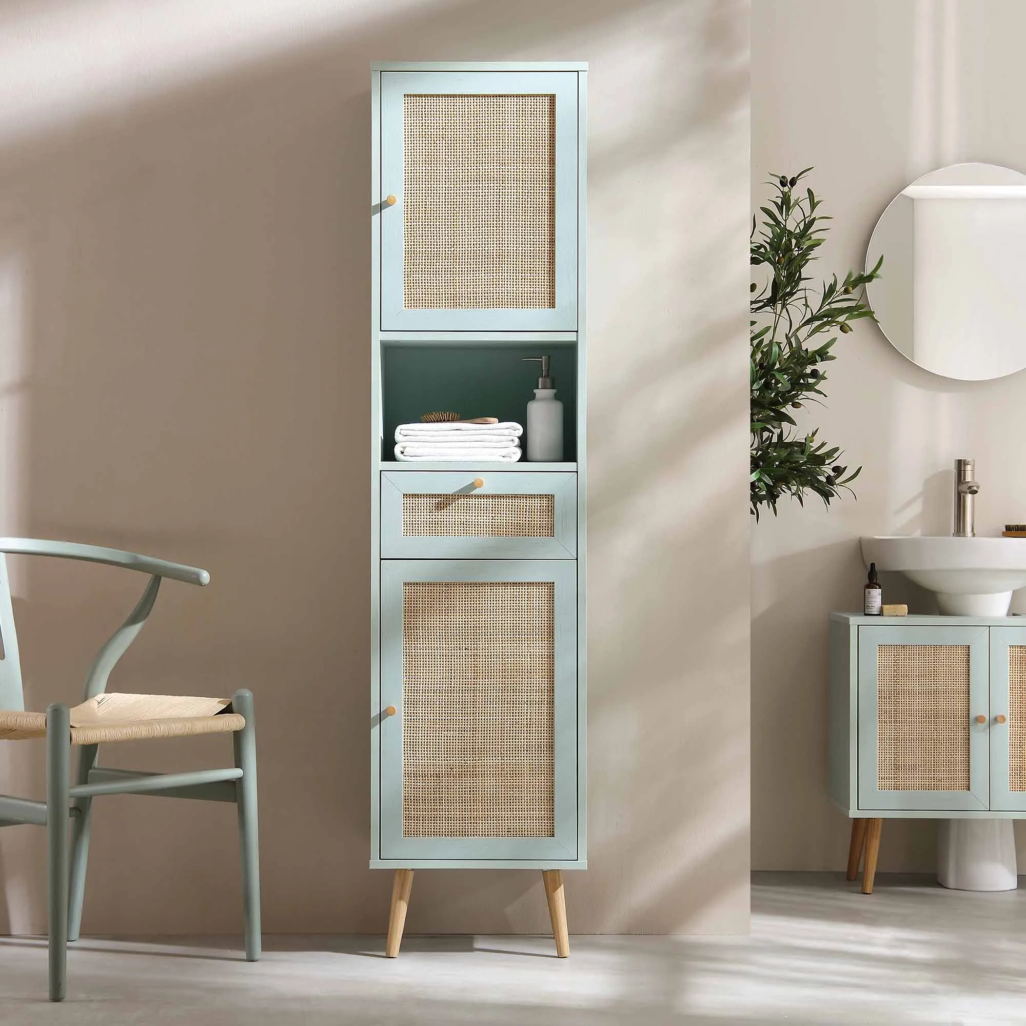 Frances Woven Rattan Tallboy Bathroom Unit, Mint Green