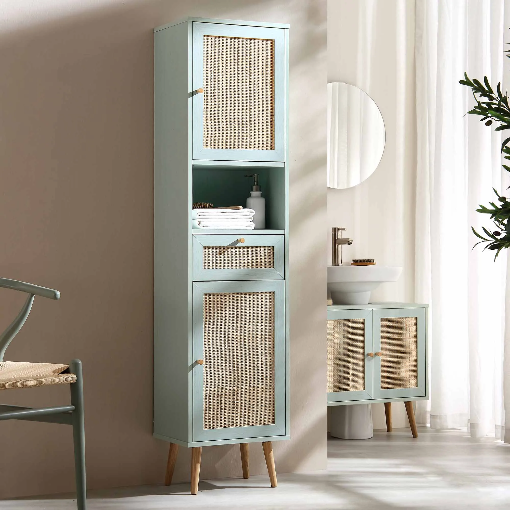 Frances Woven Rattan Tallboy Bathroom Unit, Mint Green