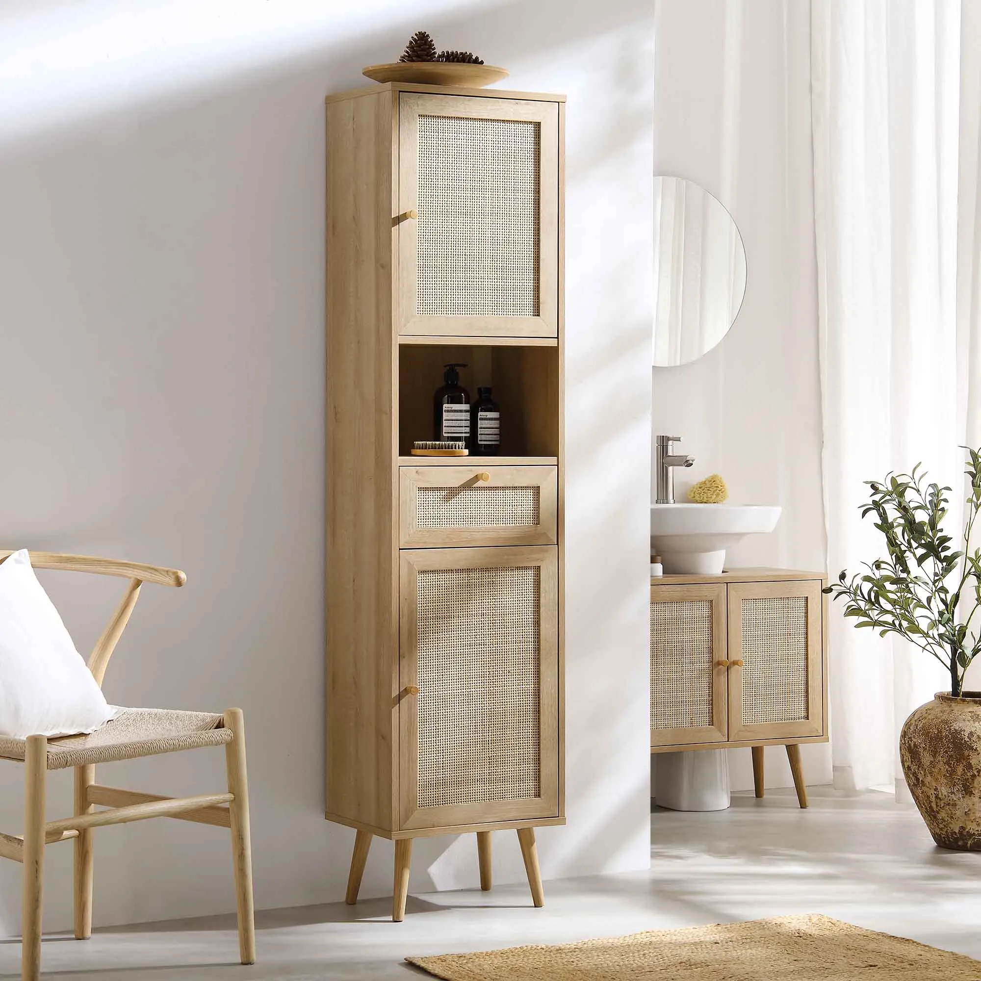 Frances Woven Rattan Tallboy Bathroom Unit, Natural