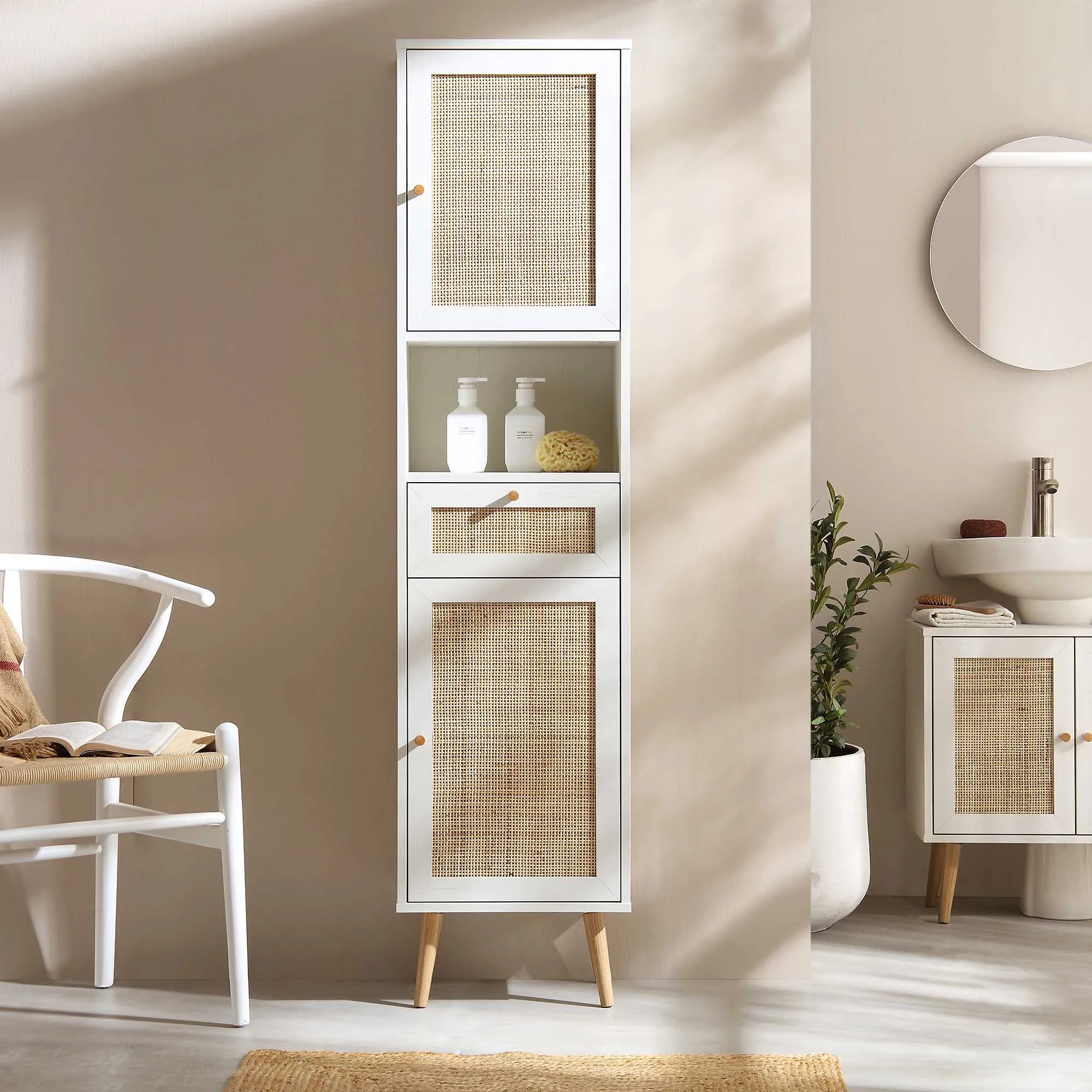 Frances Woven Rattan Tallboy Bathroom Unit, White