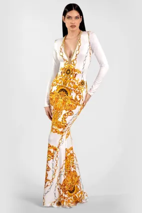 Genova Printed Long Dress White Gold Chains