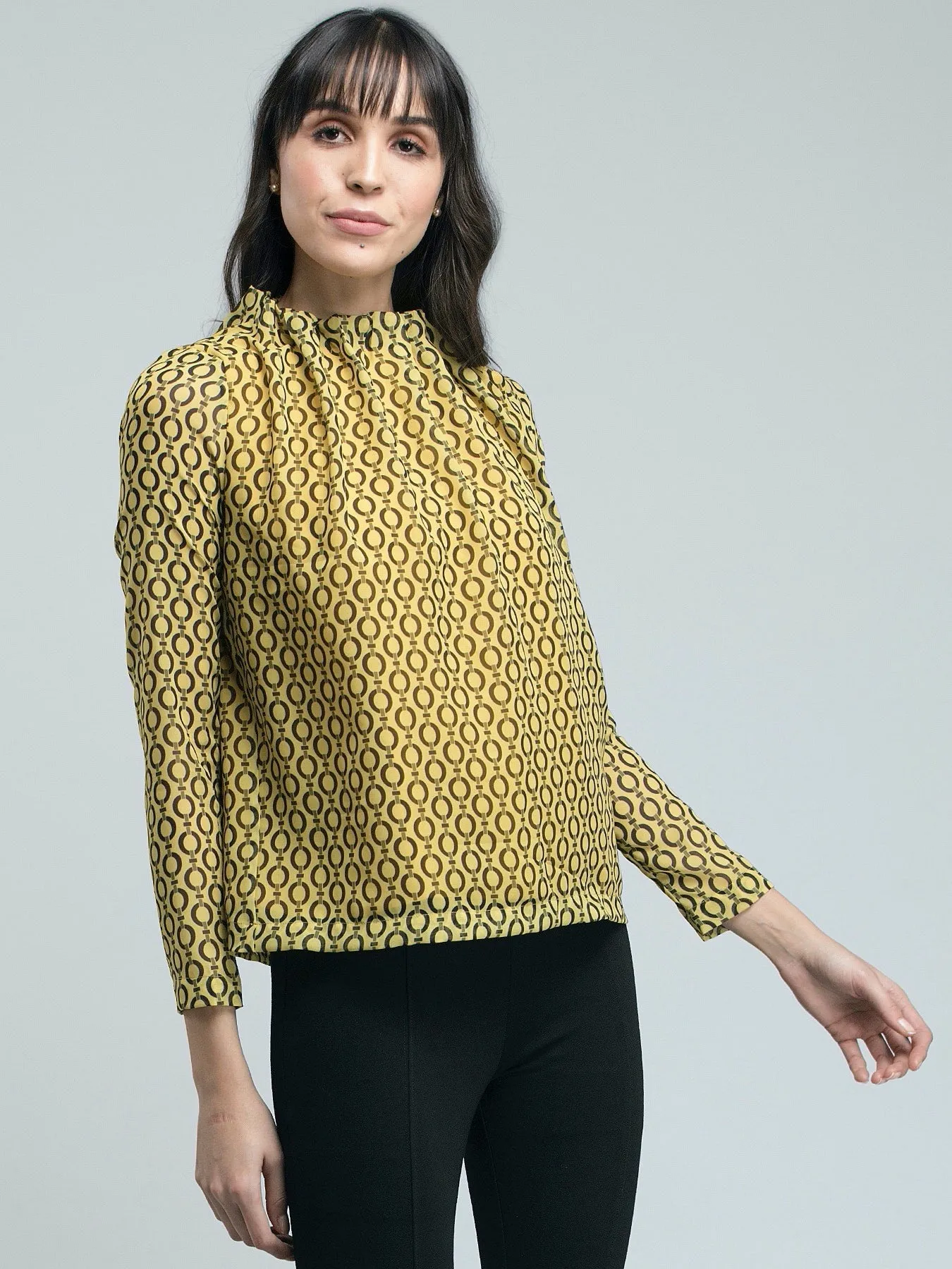 Geometric Print Pleated Top - Yellow and Black