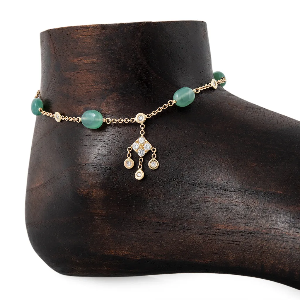 GREEN CALCITE BEAD DIAMOND KITE SHAKER ANKLET