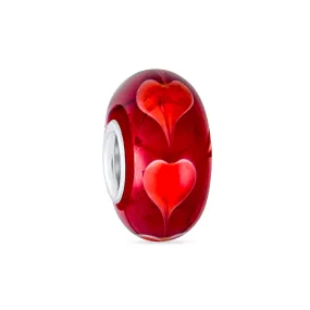 Heart Love Pink or Red Murano Glass .925 Sterling Silver Bead Charm