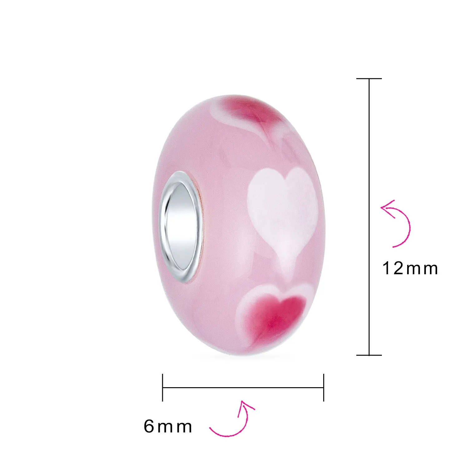 Heart Love Pink or Red Murano Glass .925 Sterling Silver Bead Charm