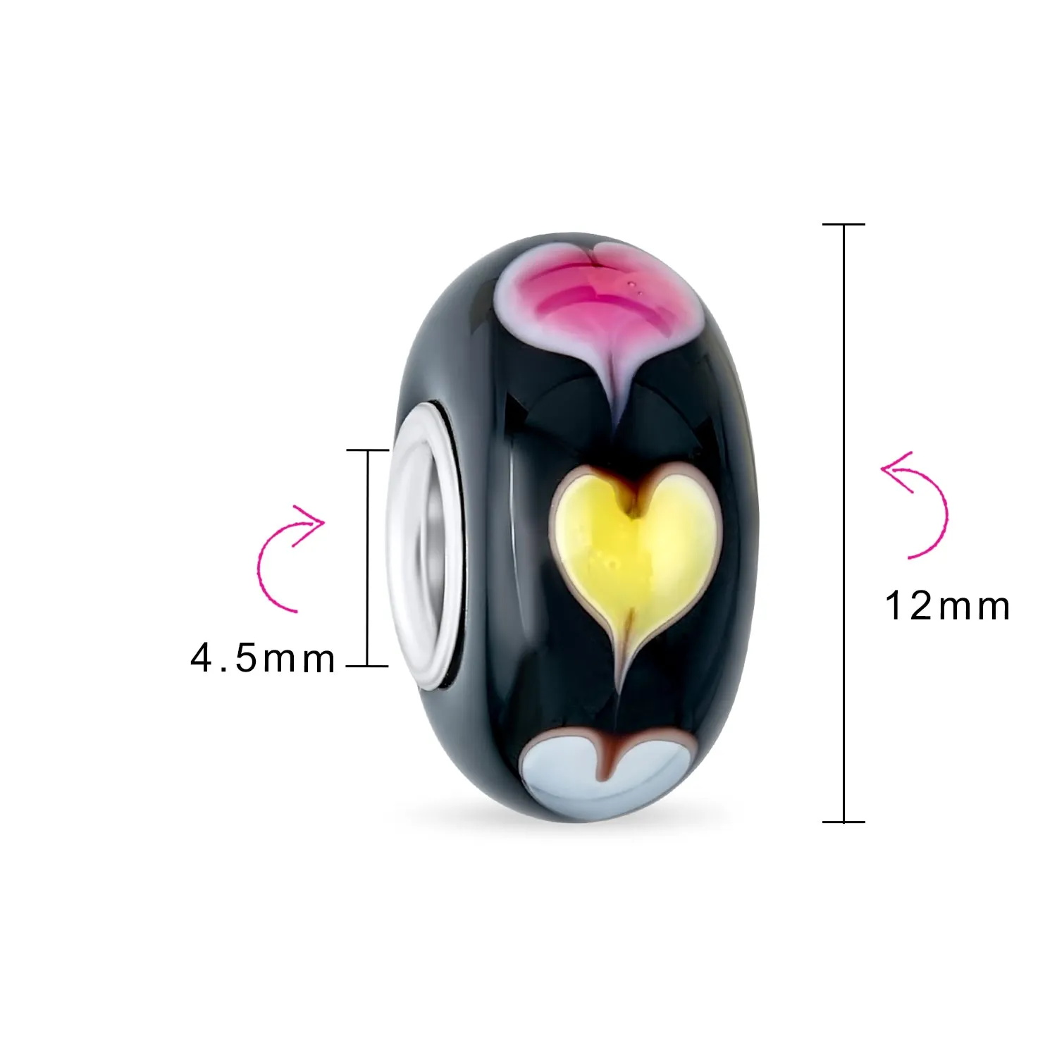 Heart Love Pink or Red Murano Glass .925 Sterling Silver Bead Charm