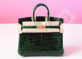 Hermes Green Vert Fonce Crocodile Gold Birkin 25 Handbag