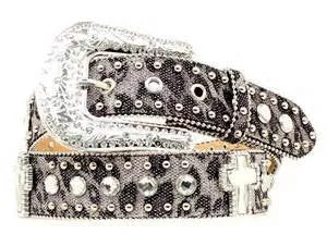 Ladies Vintage Black & Silver Animal Print Belt w/ Crystal Crosses & Rhinestones