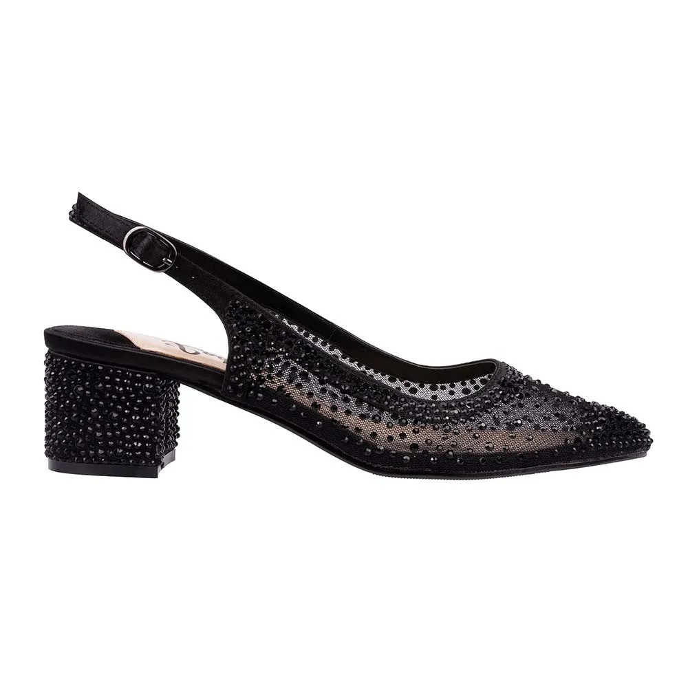 Lady Couture DEMI Black Rhinestone Mesh Slingback Block with 2.5-Inch Heel